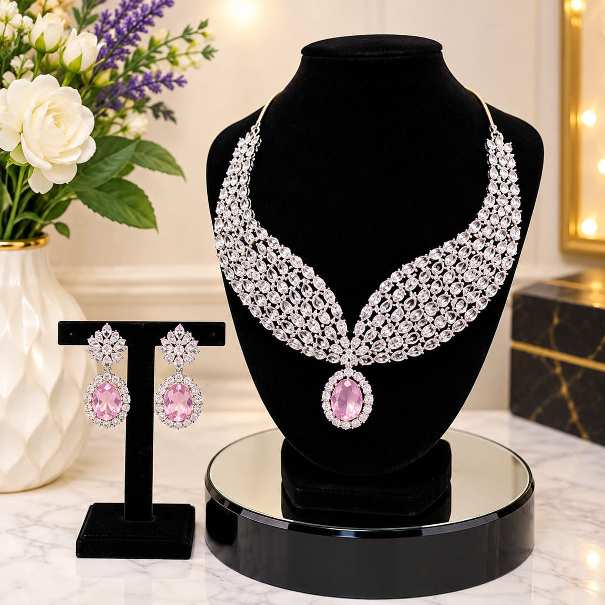 Elegant Pink Stone Crystal Jewelry Set 💗✨