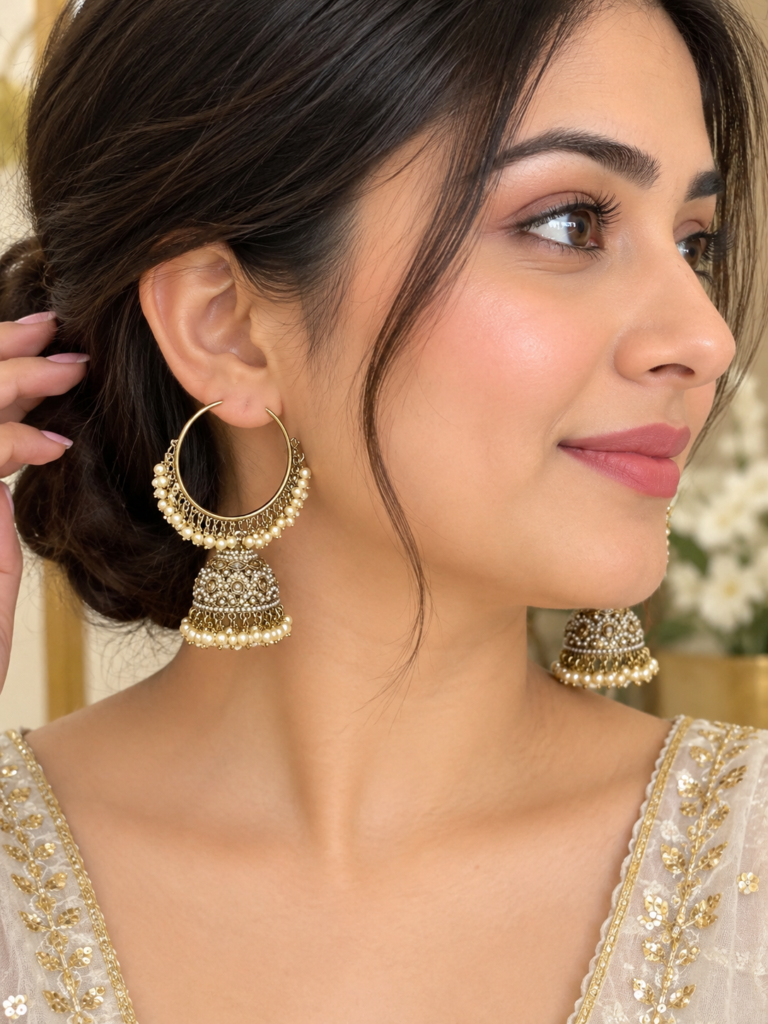 Elegant Gold Pearl Jhumka Hoop Earrings
