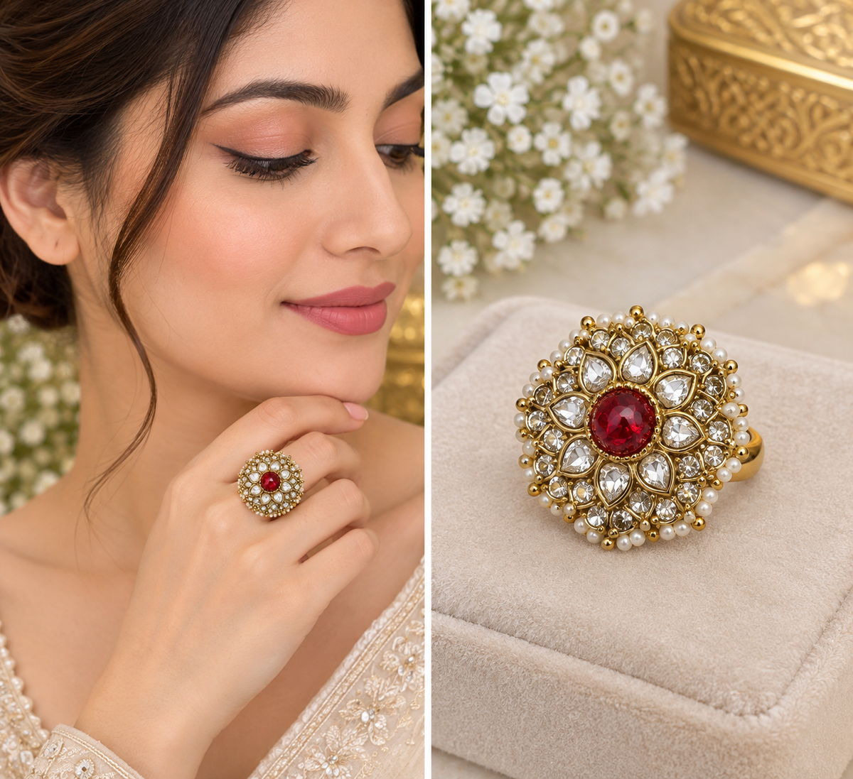 Elegant Red Stone Kundan Statement Ring for women