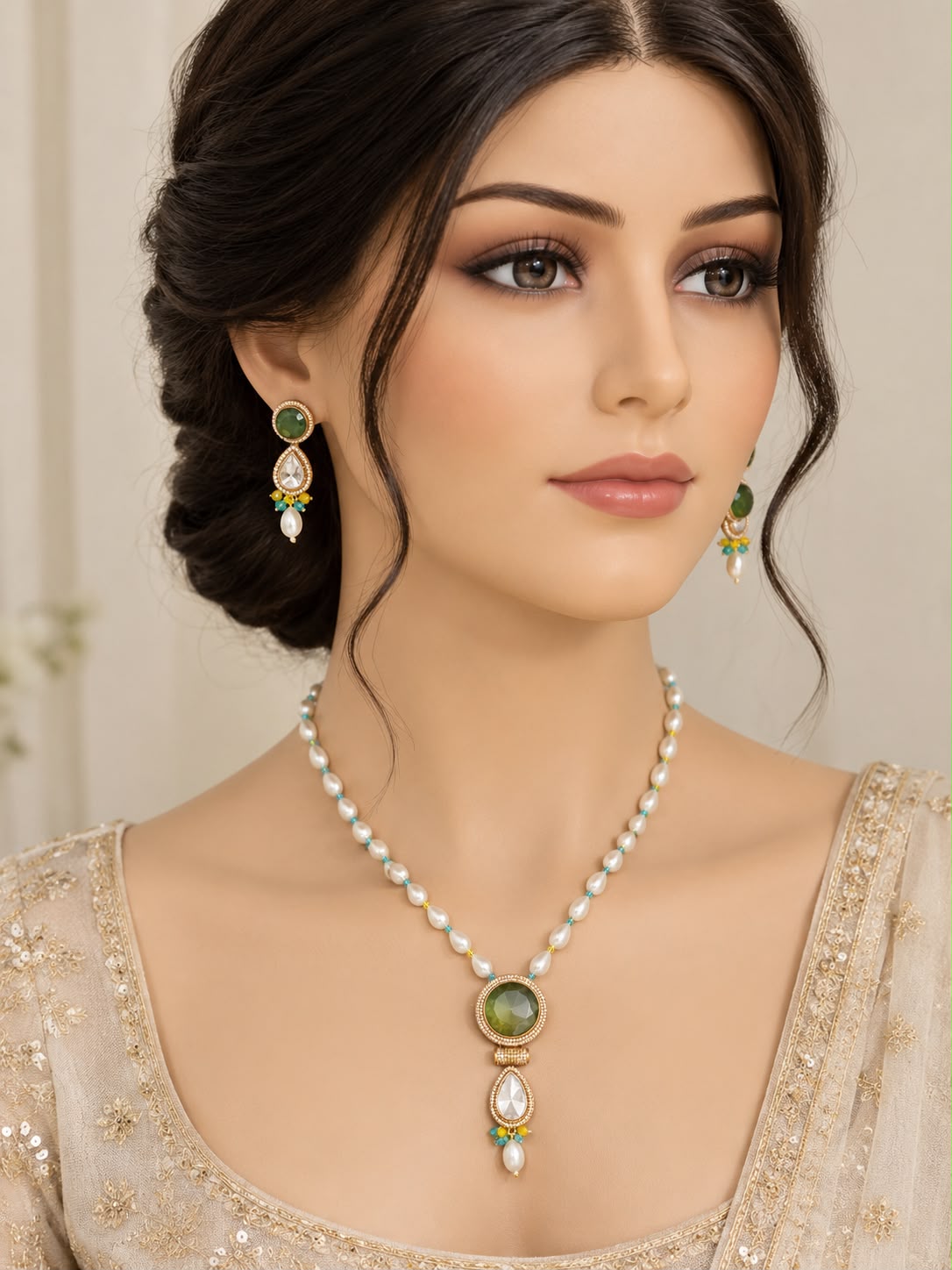 Gold tone Green Stone Pendant Chain with Matching Earrings