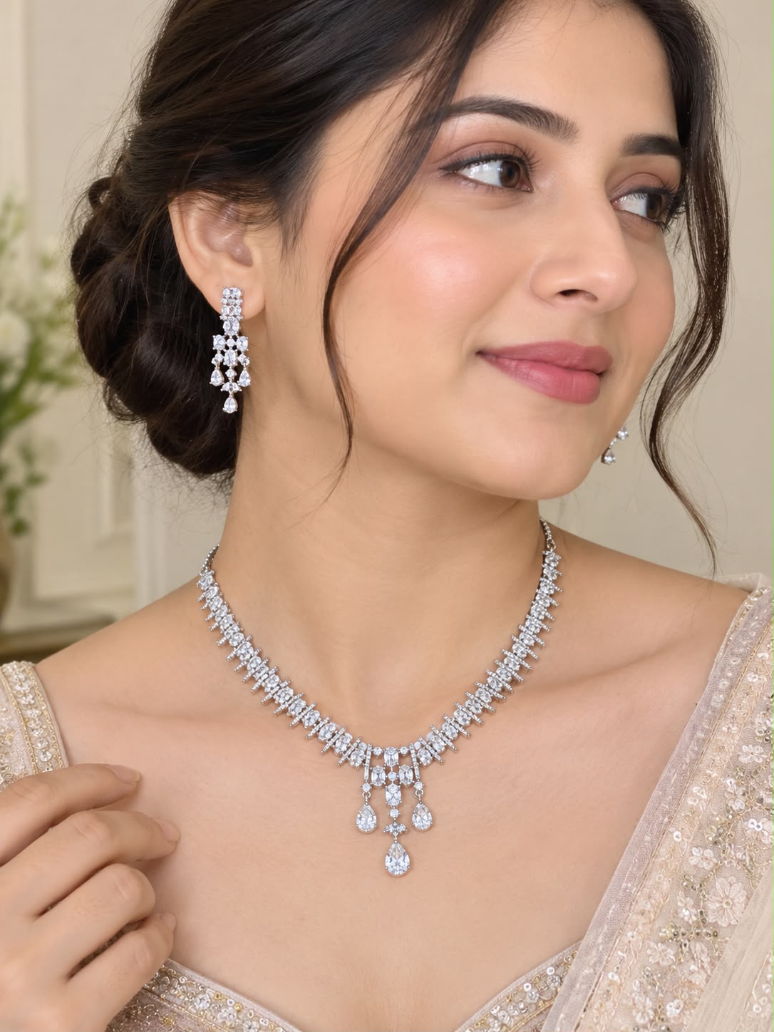 Elegant Silver CZ Necklace & Matching Earrings Set